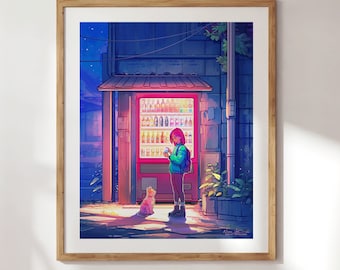 Late Night Snack - Japanese Vending Machine | Street Cat | Night Scene | Japan | Street Art | Feline Friend | Office | Soda | Snacks | Cute
