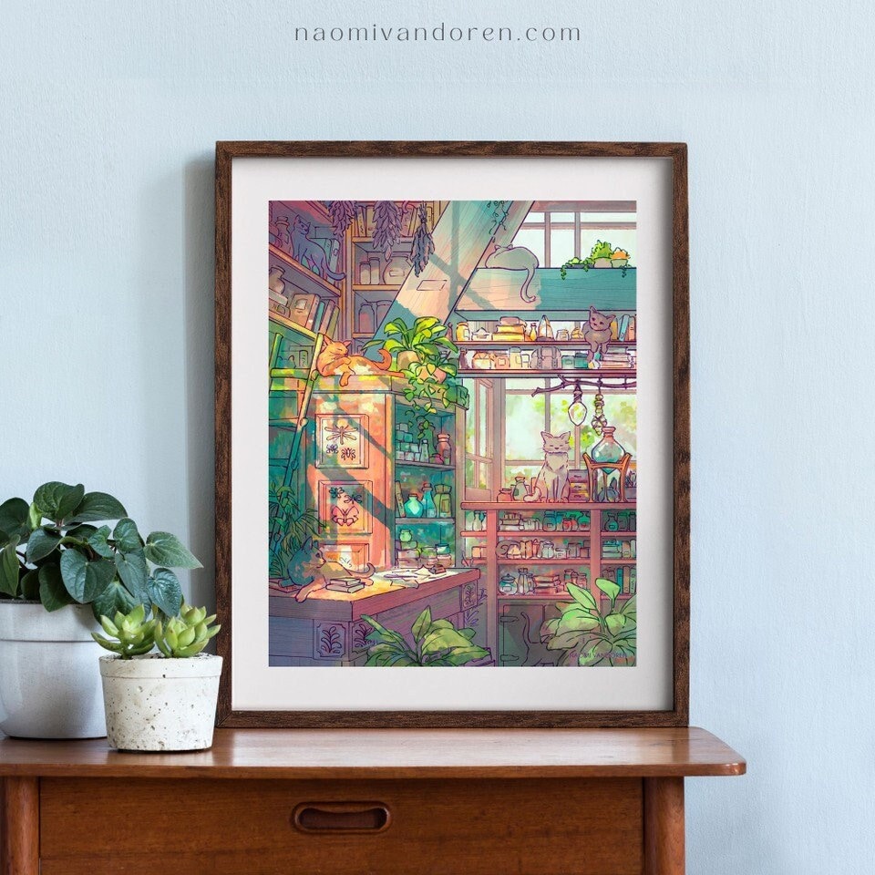 Cat Shop Apothecary - Plant Lover | Books | Book Person | Botanical | Tropical | Sunset | Cozy | Digital Watercolor | Spells | Giclee