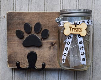 Porta correa para perros con tarro para golosinas. Combinación de tarro de golosinas para perros y soporte para correa. Soporte de correa hecho a mano