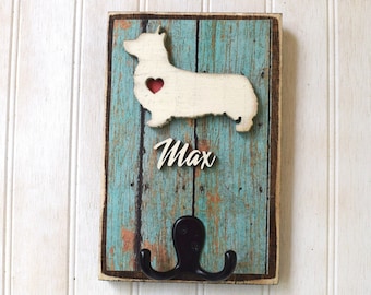 Corgi Dog Leash Holder, Reclaimed Wood Dog Silhouette Leash or Key Holder