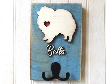 Pomeranian Dog Leash Holder, Reclaimed Wood Dog Silhouette Leash or Key Holder