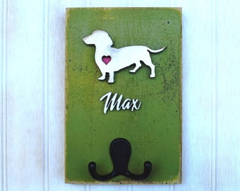 Dachshund Dog Leash Holder, Reclaimed Wood Dog Silhouette Leash or Key Holder
