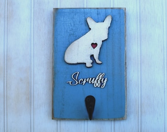 French Bull Dog Leash Holder, Reclaimed Wood Dog Silhouette Leash or Key Holder Frenchie