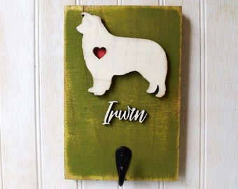 Australian Shepherd Dog Leash Holder, Reclaimed Wood Dog Silhouette Leash or Key Holder