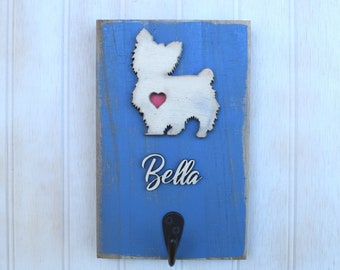 Yorkie Dog Leash Holder, Reclaimed Wood Dog Silhouette Leash or Key Holder