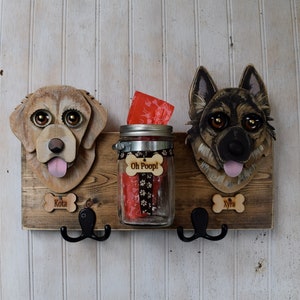 Custom Dog leash holder with 2 dogs.  Dogs Leash holder combination. Handmade Leash Holder for 2 dogs with poop bags