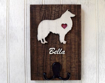 Rough Collie Dog Leash Holder, Reclaimed Wood Dog Silhouette Leash or Key Holder