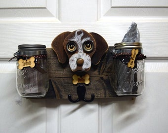Porta guinzaglio personalizzato per cani, contenitore per dolcetti e sacchetti per escrementi, legno riciclato