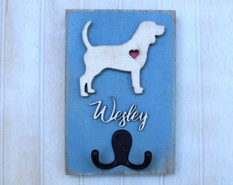 Beagle Dog Leash Holder, Reclaimed Wood Dog Silhouette Leash or Key Holder