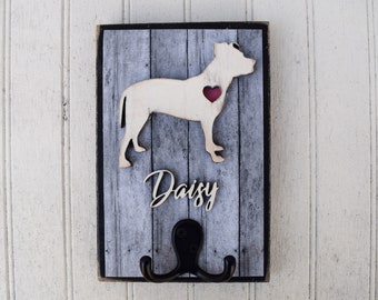 Uncropped Pitbull Dog Leash Holder, Reclaimed Wood Dog Silhouette Leash or Key Holder