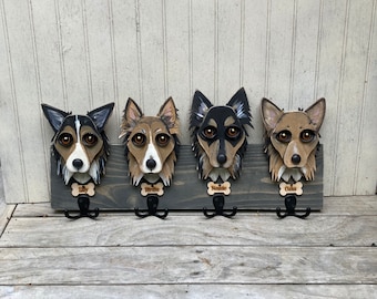 Custom Dog Leash Holder for 4 Dogs, Handmade Pet Portrait