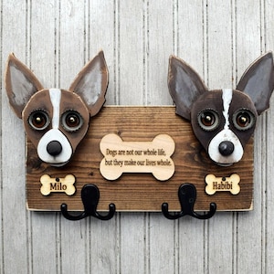 Custom Dog leash holder with 2 dogs.  Dogs Leash holder combination. Handmade Leash Holder for 2 dogs with your sayings.