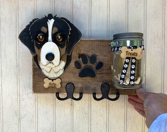 Custom Dog leash holder with treat jar.  Dogs  treat jar/Leash holder combination. Handmade Leash Holder of your dog