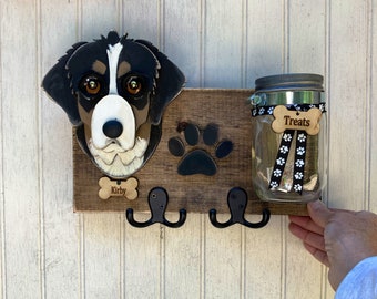 Custom Dog Leash Holder with Treat Jar, Handmade Pet Portrait