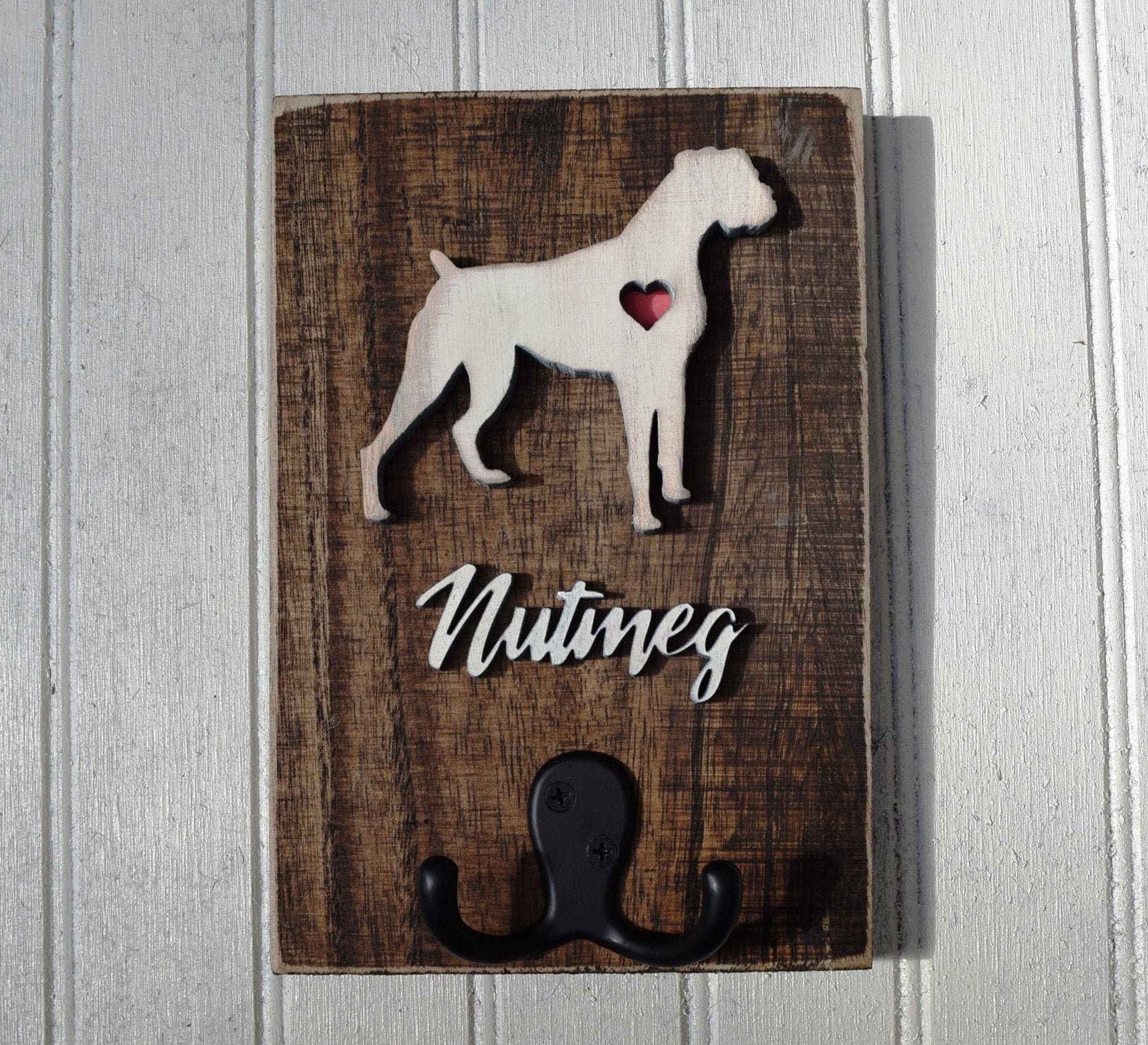 Boxer Dog Leash Holder Reclaimed Wood Dog Silhouette Leash or 