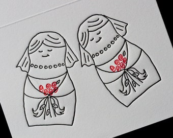 Letterpress matryoshki (nesting dolls) female same-sex marriage card (Style C) (#MAT010)