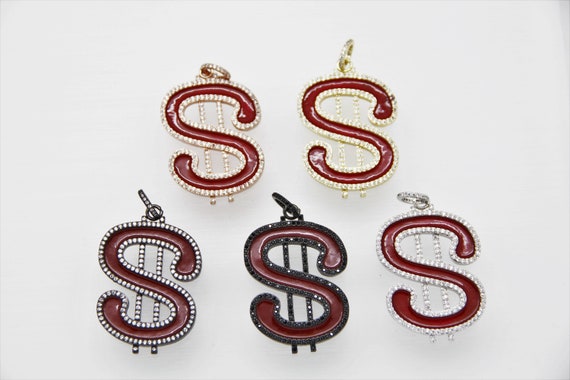 CZ Micro Pave Red Enamel 30x45mm Dollar Signs