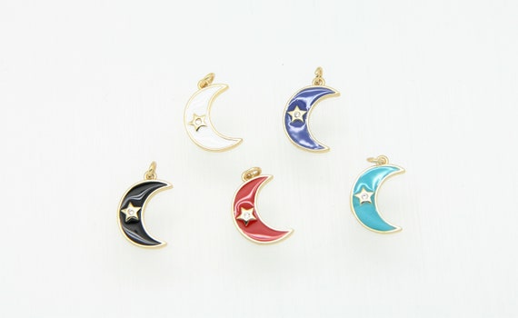 CZ Micro Pave Enamel 15mm Moon With Star Charm