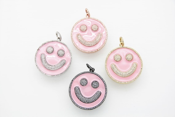 CZ Micro Pave Pink Enamel 38mm Smiley Disc