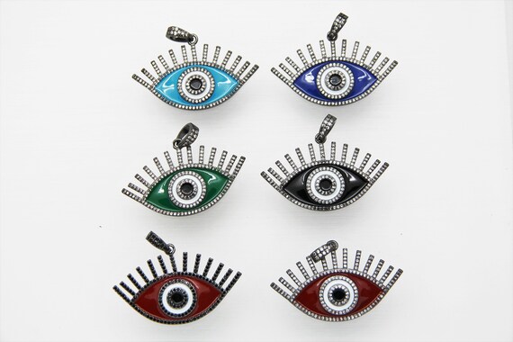 CZ Micro Pave Enamel 22x45mm Evil Eye Pendant