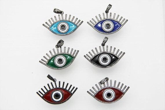 CZ Micro Pave Enamel 22x45mm Evil Eye Pendant