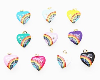 May include: Ten heart-shaped charms with a rainbow design and a single rhinestone in the center. The charms are available in a variety of colors, including blue, yellow, green, purple, pink, white, and black.