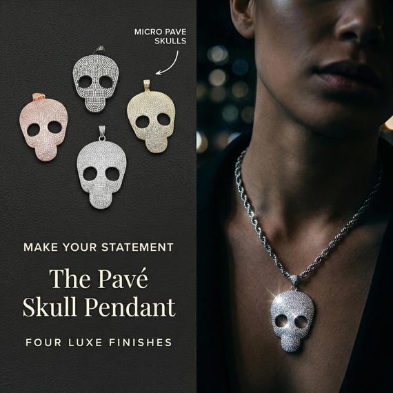 CZ Micro Pave 45x65mm Flat Skull Pendant With CZ Bail