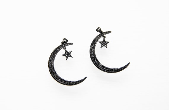 Black CZ Micro Pave 38mm Moon & Star Pendant