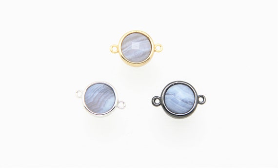 Blue Lace Agate 12mm Coin Shape Brass Bezel Setting Connector