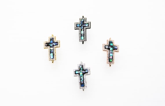 Abalone Mosaic With CZ Micro Pave 13x22mm Cross Connectors