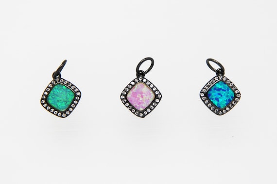 Synthetic Opal With CZ Micro Pave 11mm Square Charm