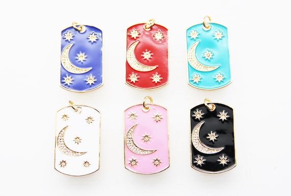 CZ Micro Pave Enamel 21x32mm Tag With Star & Moon Pendant