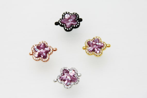 Pink Shell Mosaic With CZ Micro Pave 14mm Flower Connectors