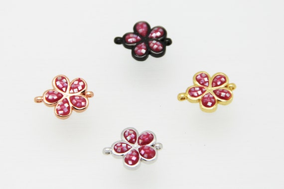 Pink Shell Mosaic With CZ Micro Pave 14mm Flower Connectors