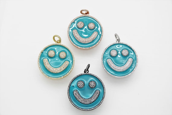 CZ Micro Pave Blue Enamel 38mm Smiley Disc