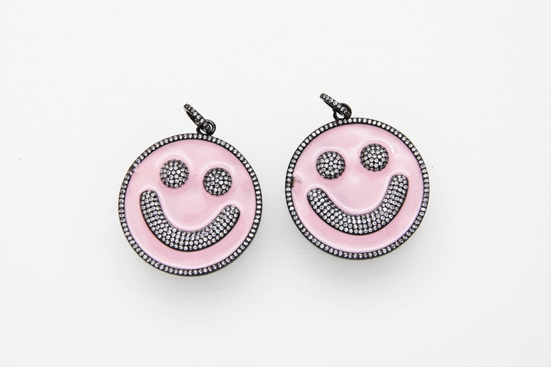 CZ Micro Pave Pink Enamel 38mm Smiley Disc
