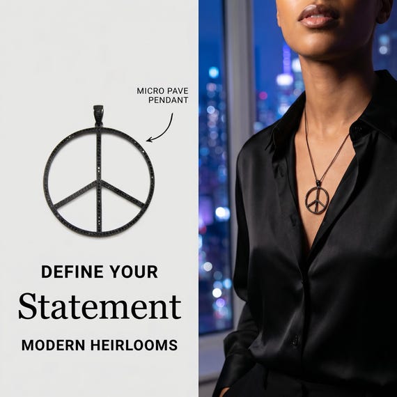 Black CZ Micro Pave 75mm Peace Sign Pendant With CZ Bail