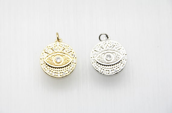 CZ Micro Pave 20mm Coin With Evil Eye Pendant