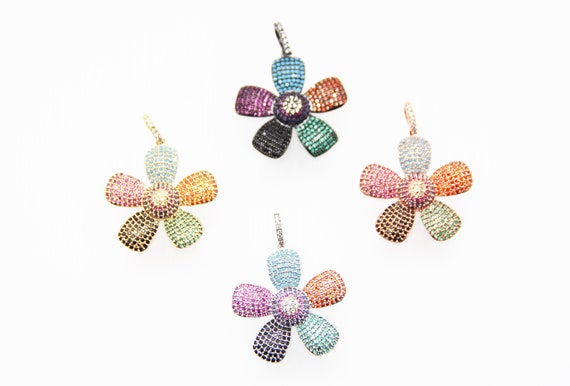 Pastel CZ Micro Pave 28mm Flower Pendant With CZ Bail