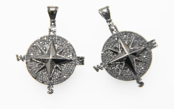 Black CZ Micro Pave 40mm  Compass Pendant