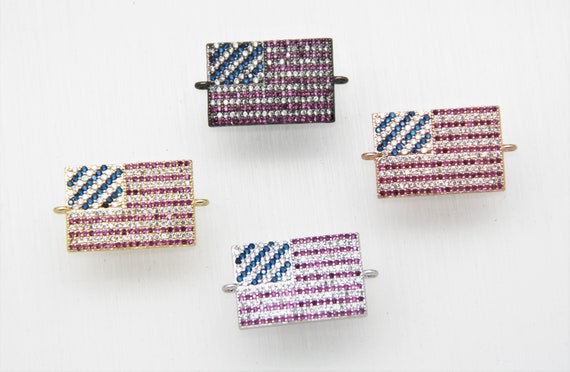 18 pcs Mixed CZ Micro Pave 15x22mm Flat Rectangle "AMERICAN FLAG" Connectors With Loop