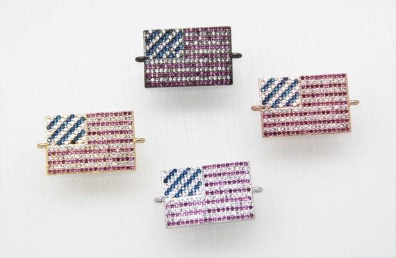 Mixed CZ Micro Pave 15x22mm Flat Rectangle "AMERICAN FLAG" Connectors With Loop