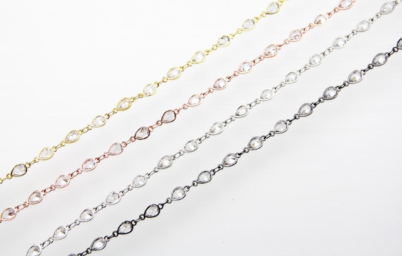 Cubic Zirconia 5x7mm Teardrop Bezel Brass Chain