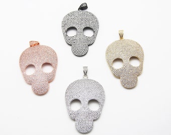 CZ Micro Pave 45x65mm Flat Skull Pendant With CZ Bail