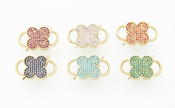 Color CZ Micro Pave 16x22mm Clover Gold Plated Double Open Clasp