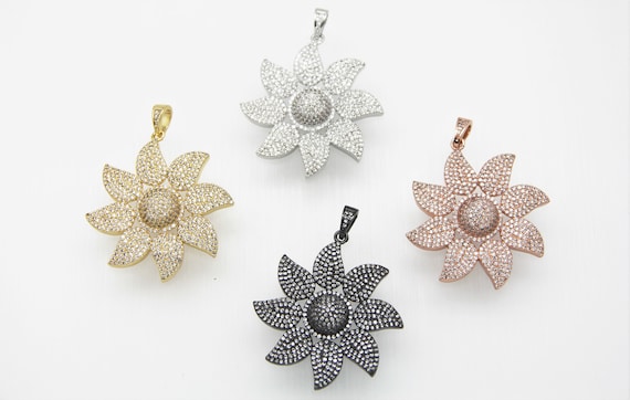 CZ Micro Pave 40mm "3D" Flower Pendant With CZ Bail