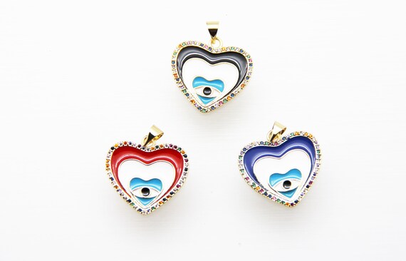 CZ Micro Pave Enamel 23mm Heart With Evil Eye Charm