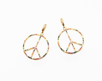 Color CZ Micro Pave 28mm Peace Sign Pendant With CZ Bail