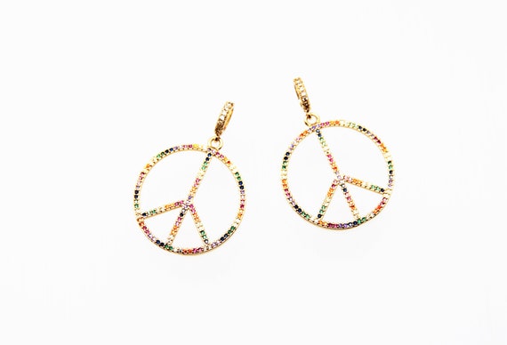 Color CZ Micro Pave 28mm Peace Sign Pendant With CZ Bail