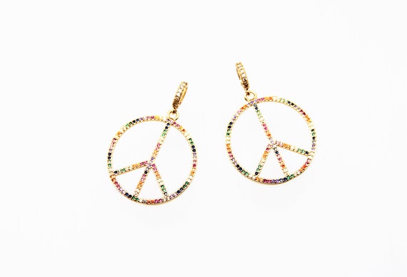 Color CZ Micro Pave 28mm Peace Sign Pendant With CZ Bail